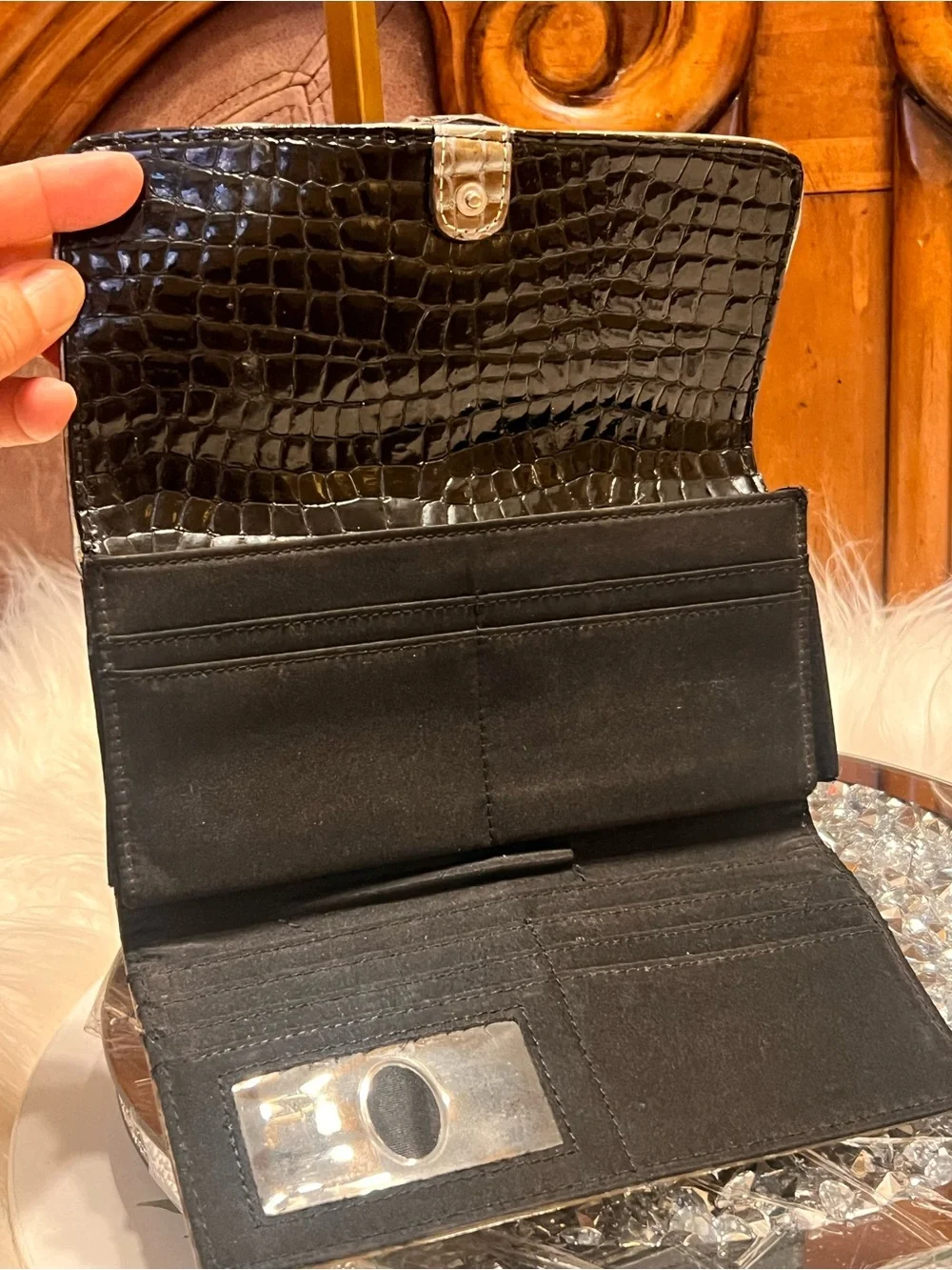 Kathy Van Zeeland Y2k Metallic Croc-Embossed Gray Wallet Clutch with Crest